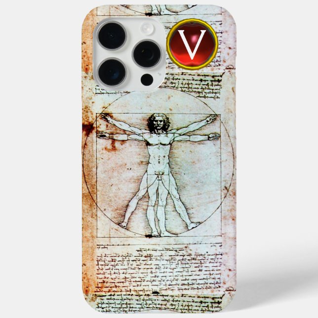 VITRUVIAN MAN Antique Parchment Red Ruby Monogram Case-Mate iPhone Hülle (Rückseite)