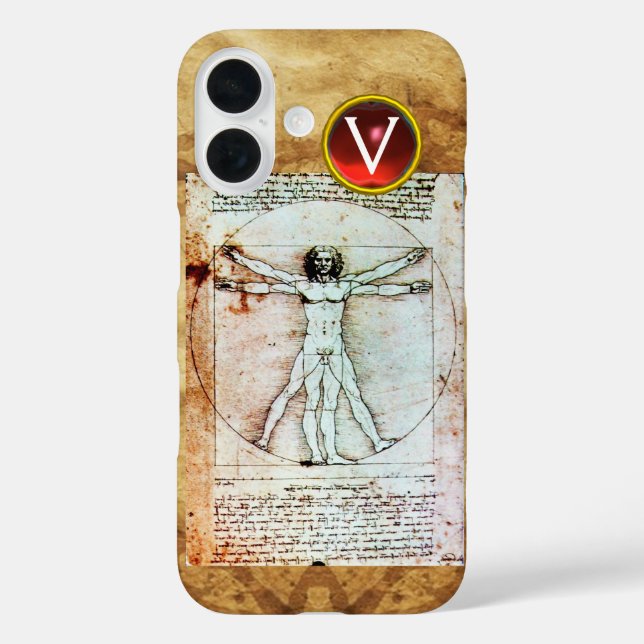 VITRUVIAN MAN Antique Parchment Red Ruby Monogram iPhone 16 Hülle (Rückseite)