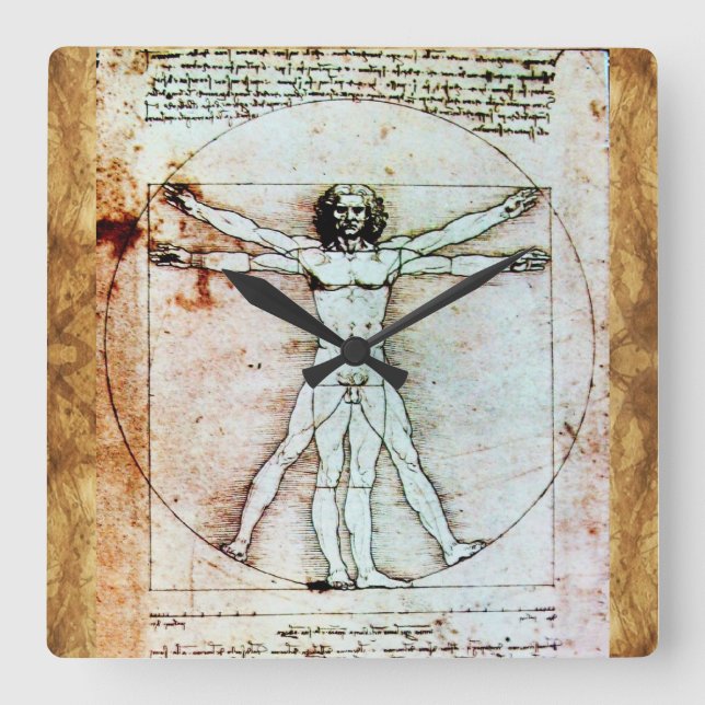 VITRUVIAN MAN Antique Perchment Quadratische Wanduhr (Vorderseite)