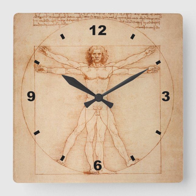 Vitruvian Man ~ Leonardo da Vinci ` 1490 ` Venice Quadratische Wanduhr (Vorderseite)