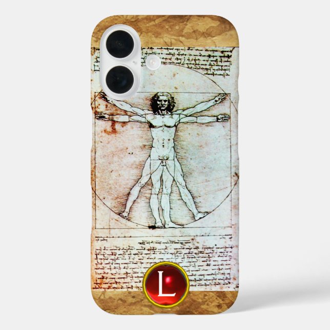 VITRUVIAN MAN, Monogram Red Ruby, Brown iPhone 16 Hülle (Rückseite)