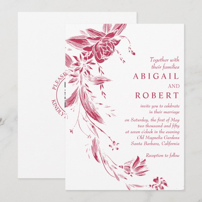 Viva magenta Blumengarten QR Code Hochzeit Einladung (Vorne/Hinten)