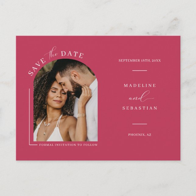 Viva Magenta Boho Arch Foto QR-Code Save the Date Postkarte (Vorderseite)