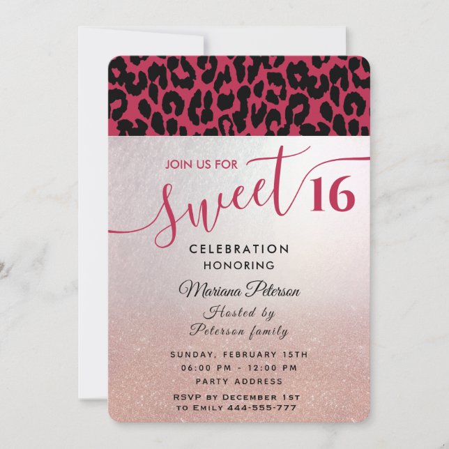 Viva Magenta Cool Trendy Leopard, süß 16 Einladung (Vorderseite)
