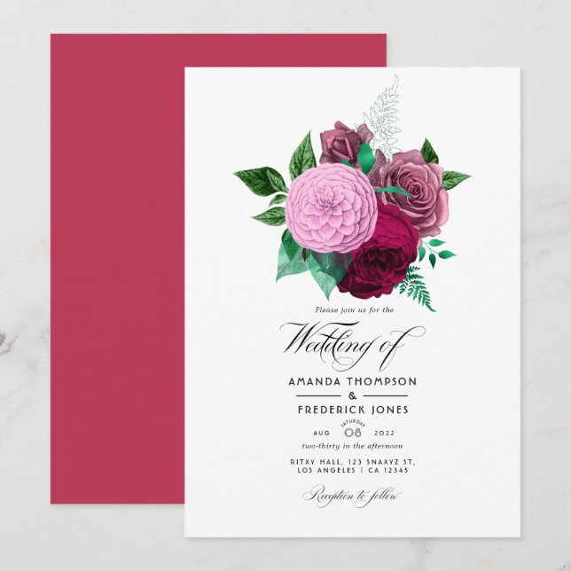 Viva Magenta Floral Wedding Einladung (Vorne/Hinten)