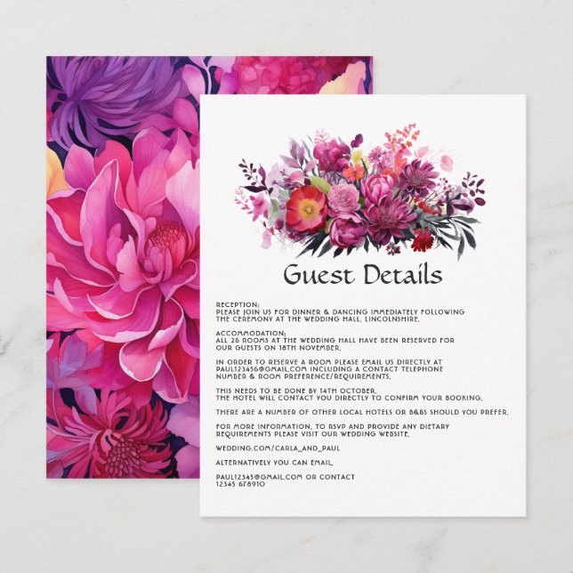 Viva Magenta Floral Wedding Gastdetails Begleitkarte (Vorne/Hinten)