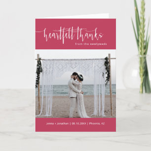 Viva Magenta Minimal Script Hochzeit Foto geflogen Dankeskarte