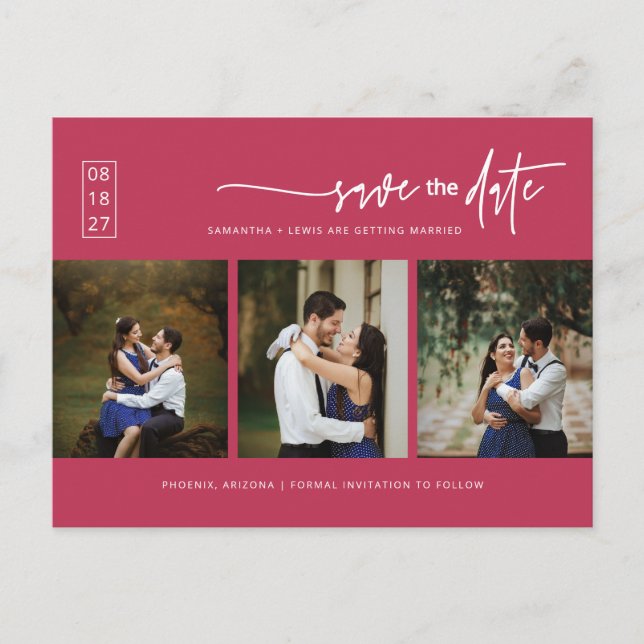 Viva Magenta Minimaler QR-Foto-Code Save the Date Postkarte (Vorderseite)