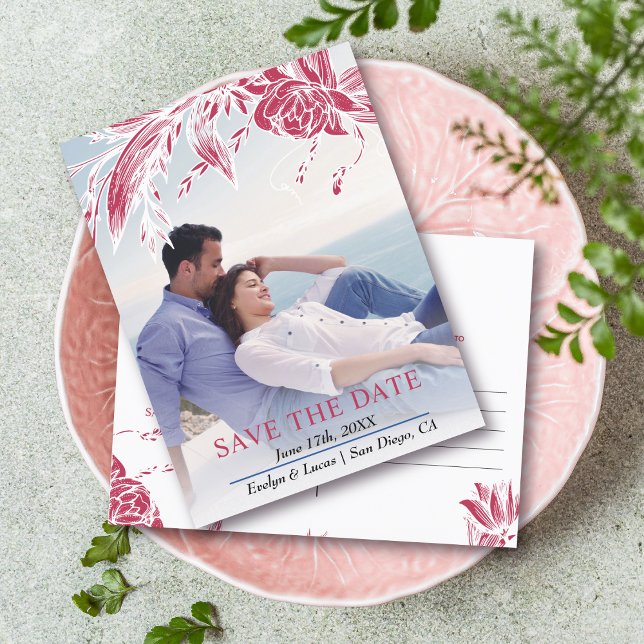 Viva magenta und weiße Blume Foto Save the Date Postkarte (Von Creator hochgeladen)