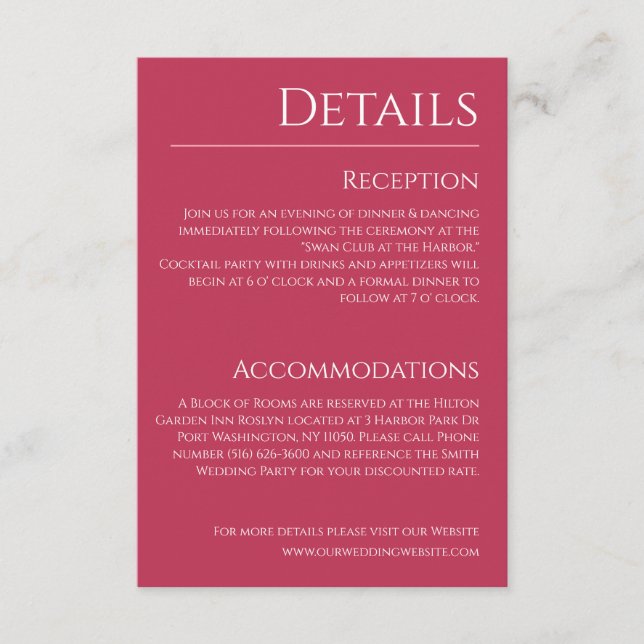 Viva Magenta und White Wedding Details- Begleitkarte (Vorderseite)
