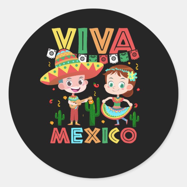 Viva Mexico Boy Girl Maracas Guitar Mexikanischer  Runder Aufkleber (Vorderseite)