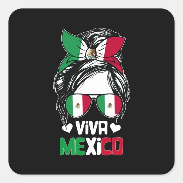Viva Mexico Messy Bun Mexican Flag Lover Quadratischer Aufkleber (Vorderseite)