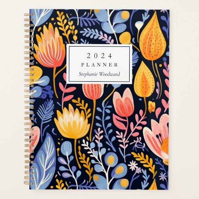 Vivid Floral Hand gestrichen Blue Monogram 2024 Planer (Vorderseite)