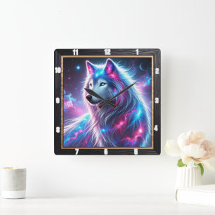 Vivid Galaxy Wolf Vibrant Celestial und Ethereal Quadratische Wanduhr