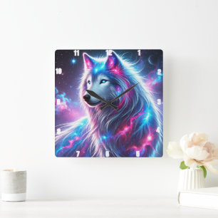 Vivid Galaxy Wolf Vibrant Celestial und Ethereal Quadratische Wanduhr