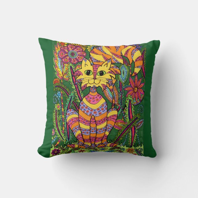 Vivid Garden Cat 2 mit grünem Hintergrund Kissen (Vorderseite)