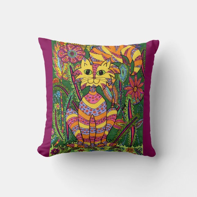 Vivid Garden Cat 2 mit Lila Hintergrund Kissen (Vorderseite)