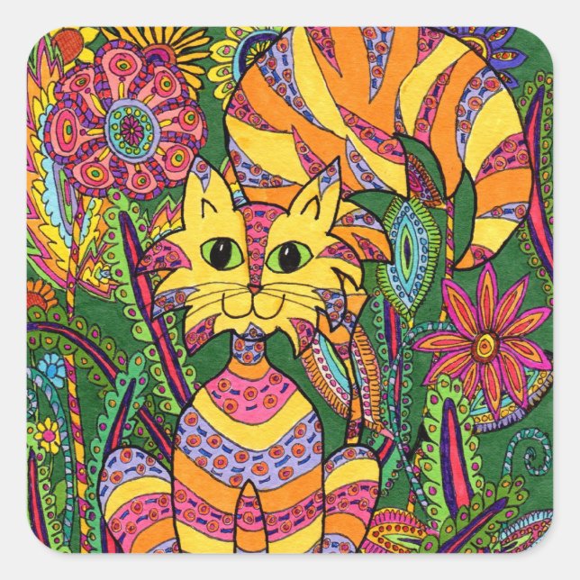 Vivid Garden Cat 2 Quadratischer Aufkleber (Vorderseite)