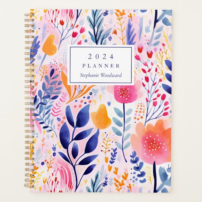 Vivid Hand bemalt Botanical Blue Monogram 2024 Planer (Vorderseite)