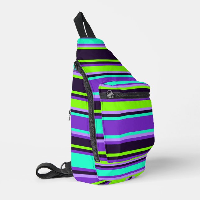 Vivid Lila, Aqua & Chartreuse Stripte Nähtasche Crossbody Bag (Linke Seite)