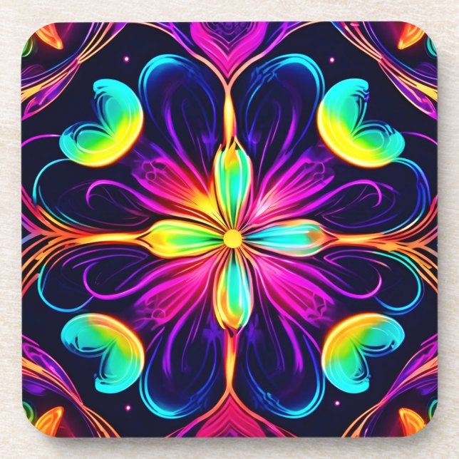 Vivid Neon Floral Mandala Art Getränkeuntersetzer (Vorderseite)