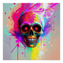 Vivid Neon Sugar Skull mit Abstraktem Paint Splash