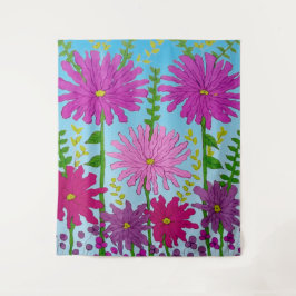 Vivid Pink Blume Zeichnend auf Blue Wandteppich