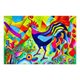 "Vivid Plumage". Ein surreal farbenfroher Hahn Fotodruck