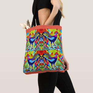 "Vivid Plumage". Ein surreal farbenfroher Hahn Tasche