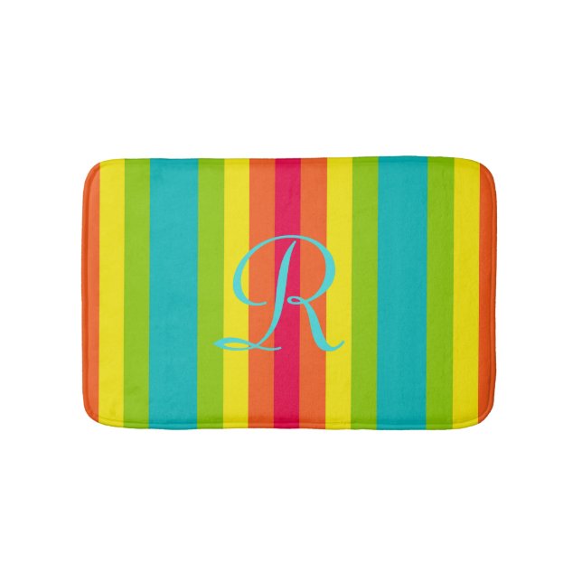 Vivid Rainbow Striped Aqua Monogram Plush Badematte (Vorderseite)