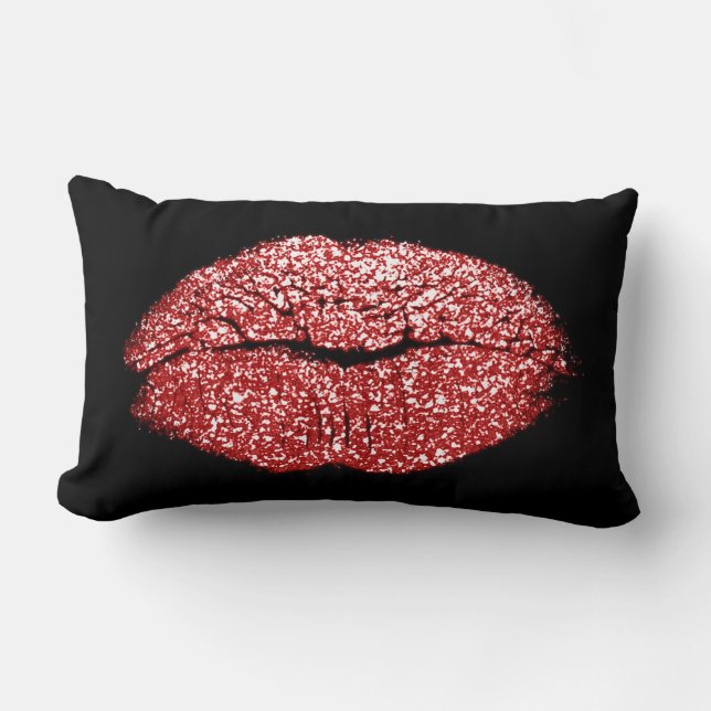 Vivid Red Lips Glitzer Black Makeup Kiss Lendenkissen (Vorderseite)