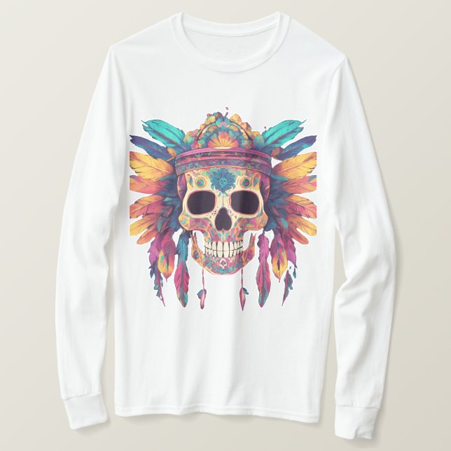Vivid Skull & Feathers: Psychedelic Digital Art T T-Shirt (Design vorne)