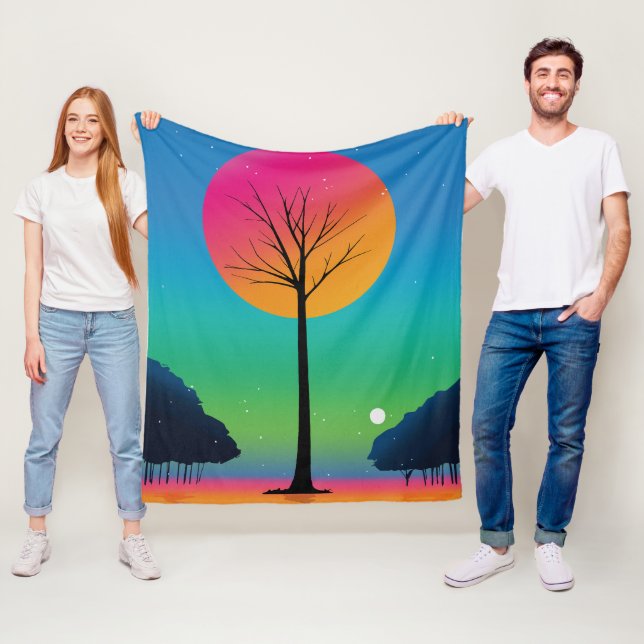 Vivid Tree Unter einem kosmischen Regenbogen Himme Fleecedecke (Beispiel)