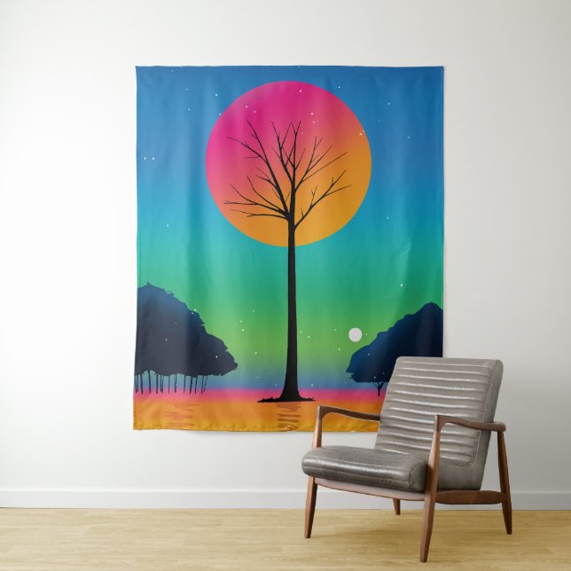 Vivid Tree Unter einem kosmischen Regenbogen Himme Wandteppich (Beispiel)