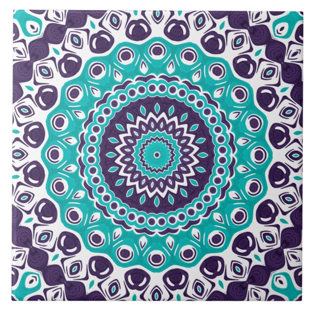 Vivid Turquoise and Plum Mandala Pattern Fliese (Vorderseite)