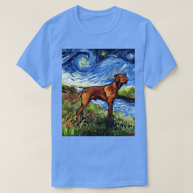 Vizsla auf der Bank Starry Night Dog Art von Aja13 T-Shirt (Design vorne)