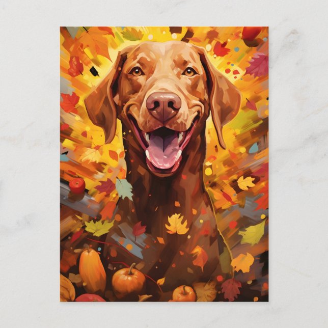 Vizsla Autumn Erntedank Postkarte (Vorderseite)