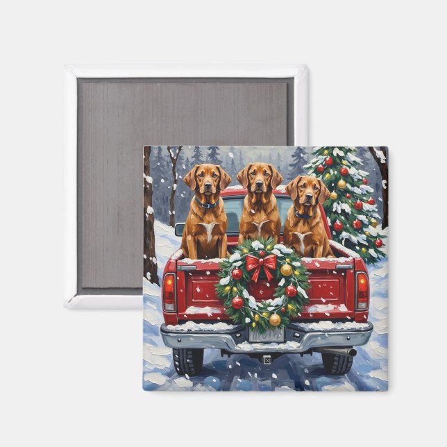 Vizsla Christmas Red Truck Holiday Magnet (Vorderseite/Rückseite)