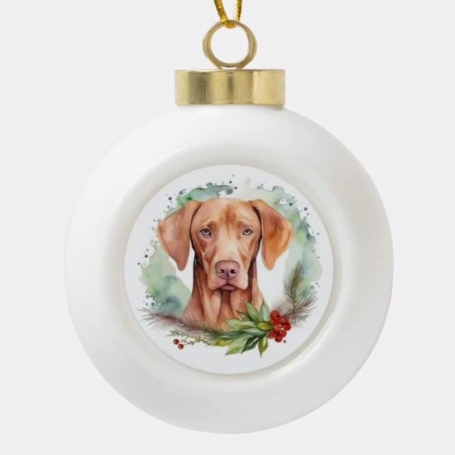 Vizsla Christmas Wreath Festivals Keramik Kugel-Ornament (Vorderseite)
