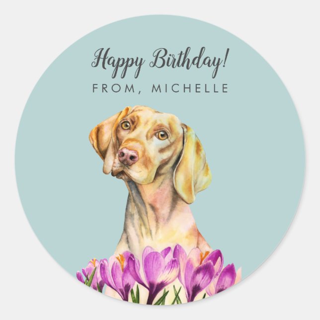 Vizsla Dog Blume | Happy Birthday Runder Aufkleber (Vorderseite)