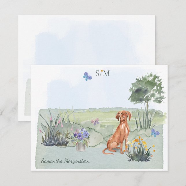 Vizsla Dog Butterfly Meadow Monogram & Name Mitteilungskarte (Vorne/Hinten)