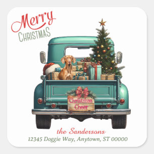 Vizsla Dog Retro Truck Weihnachten Quadratischer Aufkleber
