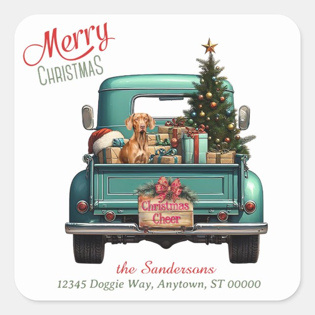 Vizsla Dog Retro Truck Weihnachten Quadratischer Aufkleber (Vorderseite)