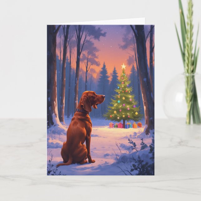 Vizsla Gazing am Weihnachtsbaum im Schneewald Karte (Vorderseite)