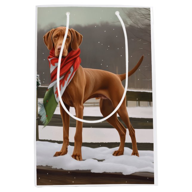 Vizsla Hund in Schnee Weihnachten Mittlere Geschenktüte (Vorderseite)