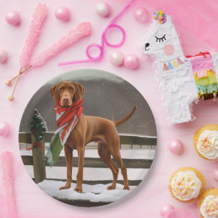 Vizsla Hund in Schnee Weihnachten Pappteller