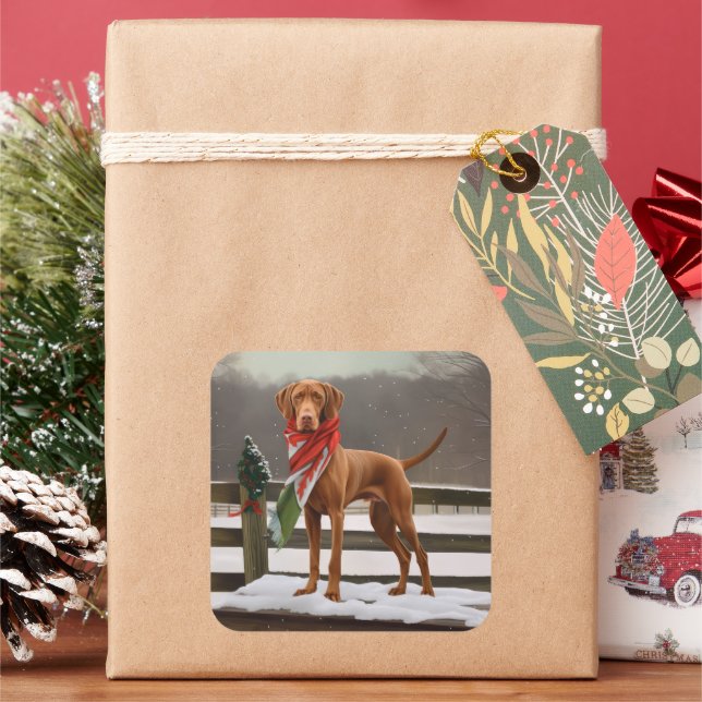 Vizsla Hund in Schnee Weihnachten Quadratischer Aufkleber (Feiertag)