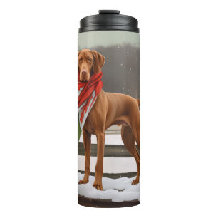 Vizsla Hund in Schnee Weihnachten Thermosbecher