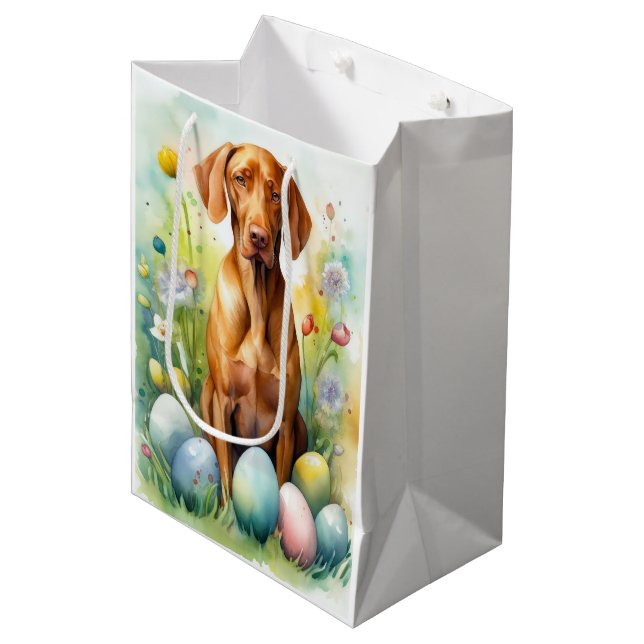 Vizsla Hund mit Ostereiern Urlaub Mittlere Geschenktüte (Vorderseite Schrägansicht)