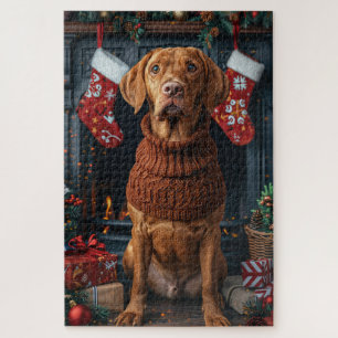 Vizsla-Hund mit Weihnachtsgeschenken Kamin